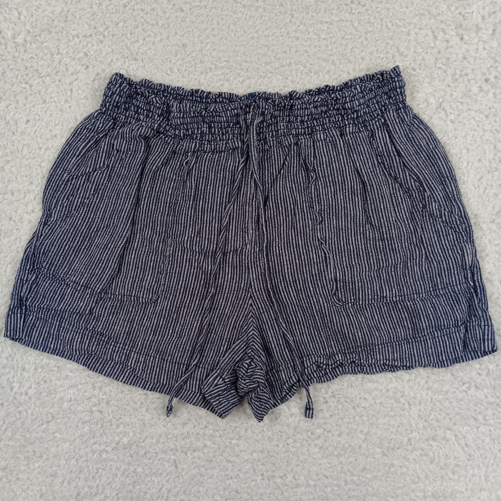 Time and Tru Short Pull-On Women 8-10 Blue Striped Linen Blend TT14100108599